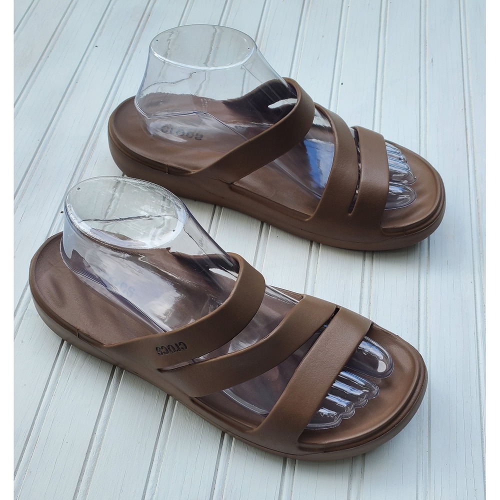 Crocs Brooklyn Low Wedge Sandals Brown Mocha Three Strap Slide Womens 9 39-40